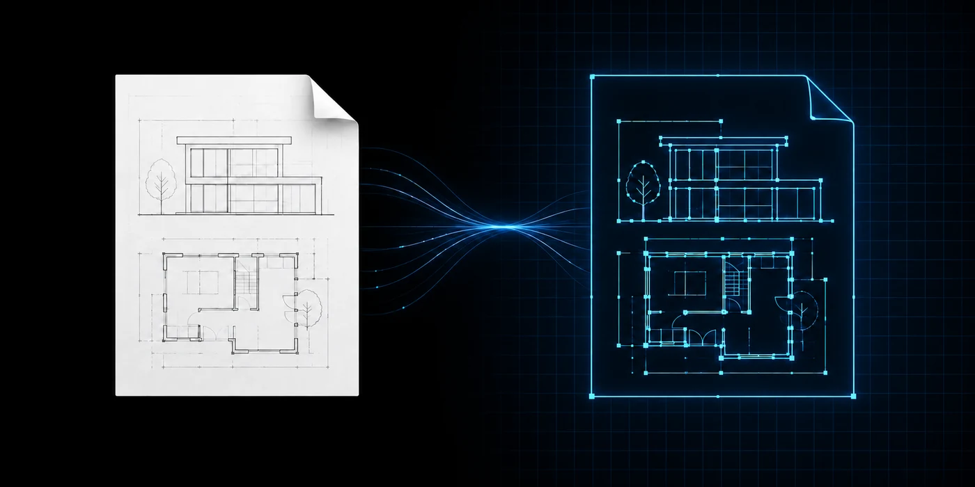 Architectural PDF drawing transforming into editable blue CAD geometry